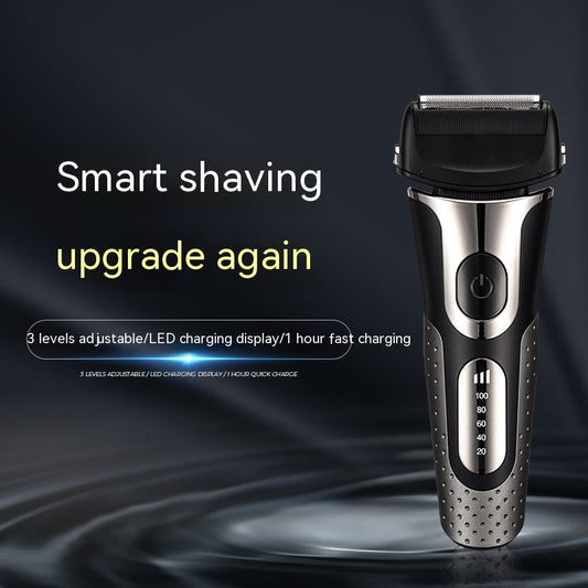Black and silver men's electric shaver with a three-bit floating head and LED battery display. - Image 2