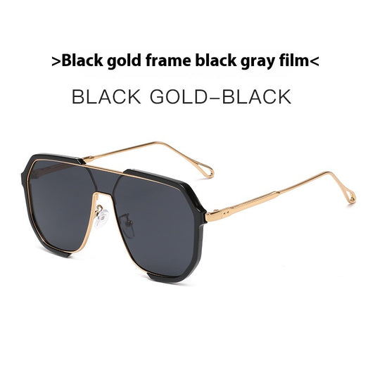 Black and gold polygon sunglasses with dark gray lenses, featuring a trendy concave design and anti-blue light properties. - Image 2