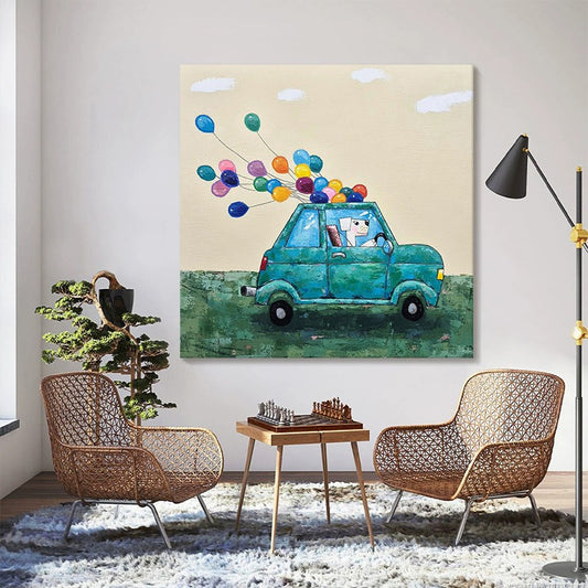 Cuadro Decorativo Lienzo Pintura al Óleo Infantil Coche Perro Globo - Image 2