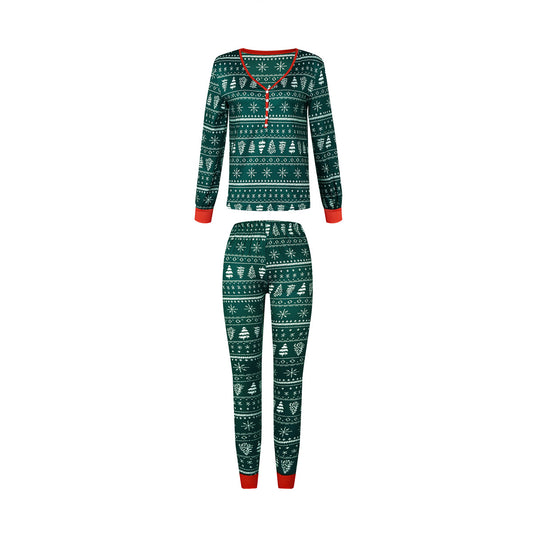 Red and white Christmas print one-piece pajama suit with reindeer, Christmas trees, and snowflakes. - Image 2