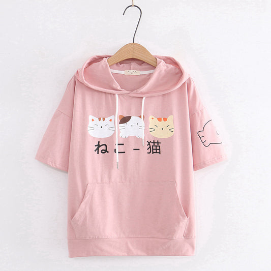 Camiseta Corta con Capucha para Niña - Diseño Gato Cartoon - Image 2