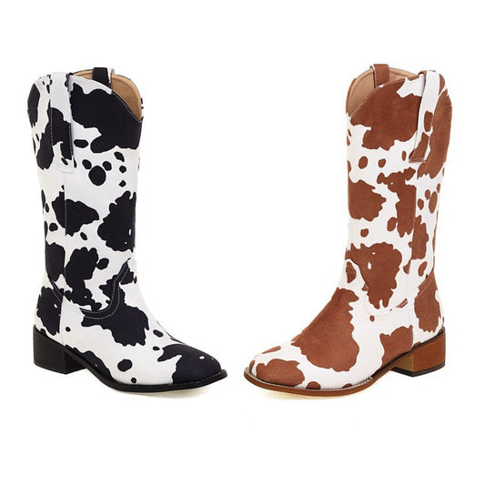 Botas Vaqueras Talla Grande con Estampado Vaca y Tacón Cuadrado Vintage - Image 2