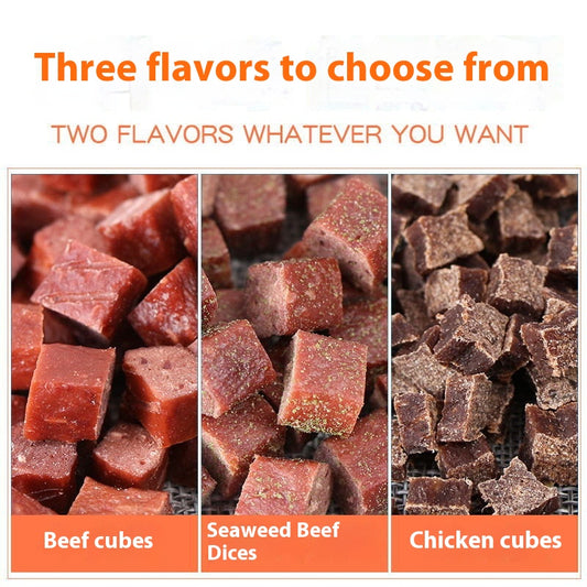 Three varieties of dog treats: dried beef cubes, seaweed beef dices, and chicken cubes, for training and rewards. - Image 2