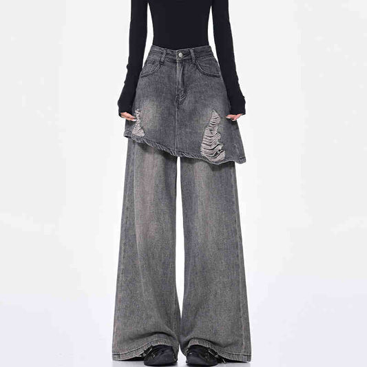 Pantalones Rectos Azul Vintage Efecto Desgastado Doble Tela para Mujer - Image 2