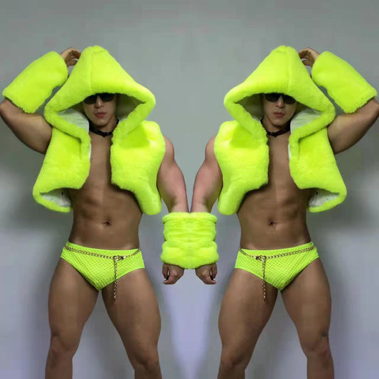 Chaleco de Pelaje Fluorescente Verde Hip-hop Jazz para Hombre y Mujer - Image 2