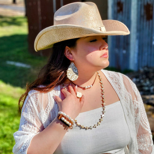 **Leather Teardrop Earring-Sandy White Floral 224x