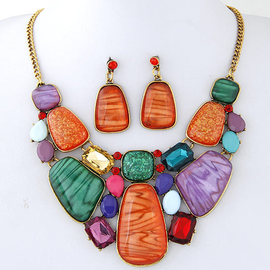 Conjunto de Collar y Aretes de Gemas Geométricas Vintage Estilo Clavícula - Image 2