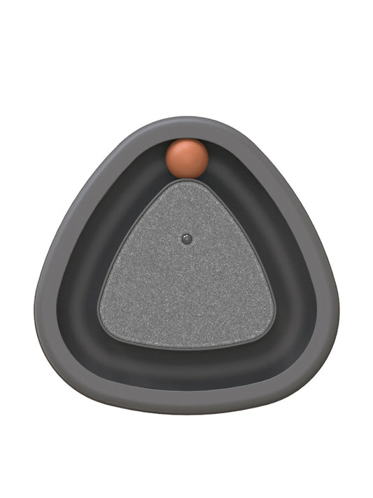 Two-tone green and grey triangle electric cat toy with a rotating feather wand and a ball track on a tiled floor. - Image 2