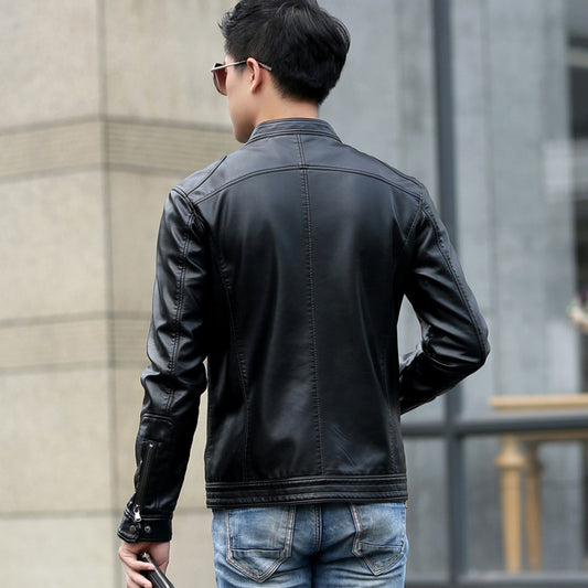 Chaqueta de Cuero PU Coreana Ajustada Cuello Mao - Image 2