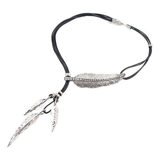 Collar Pendiente Multicapa con Borlas de Plumas y Hojas en Cuerda Negra - 3 Colores - Image 2