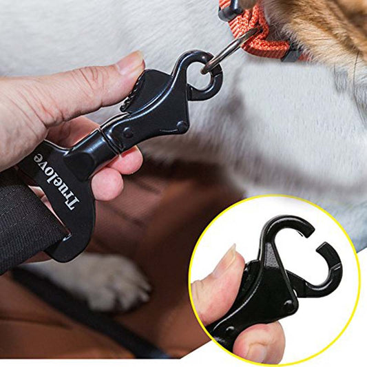 Black metal pet car safety buckle with a top slot for seatbelt and a swivel snap hook, featuring 'Truelove' branding. - Image 2