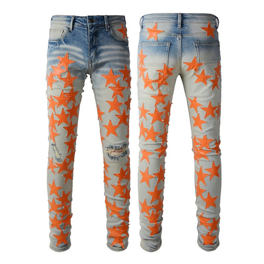 Jeans Perforados Ligeros Orange Star Estilo Europeo Americano para Hombre - Image 2