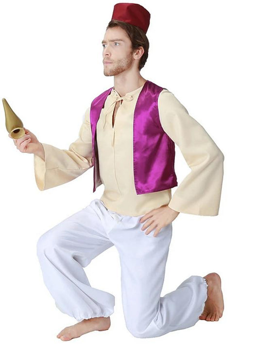 Men's Prince costume featuring a red fez, cream shirt, purple vest, brown sash, white harem pants, and a gold genie lamp. - Image 2