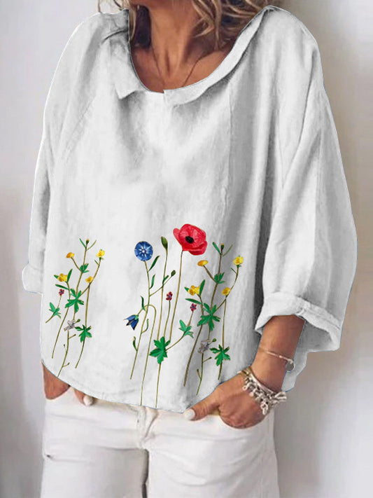 Blusa de Algodón y Lino con Bordado de Flores - Manga Larga Literaria - Image 2
