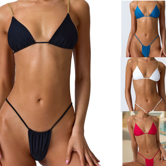 White three-point bikini with gold chain straps on a mannequin, featuring a triangle top and thong bottom. - Image 2