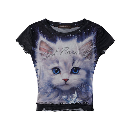 Playera Corta Diseño Americano con Estampado de Gato para Mujer - Image 2