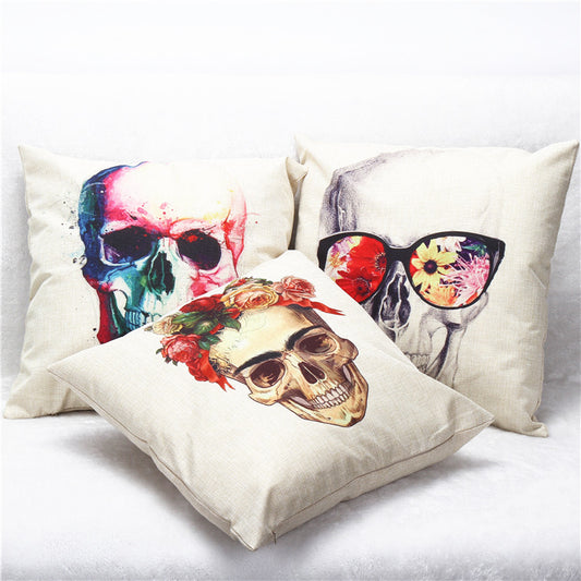 Funda de Almohada de Lino Calavera Colorida para Sofá - Image 2