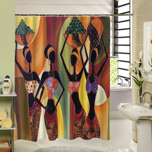 Colorful shower curtain with abstract art depicting four African women carrying baskets on their heads, in a bathroom.