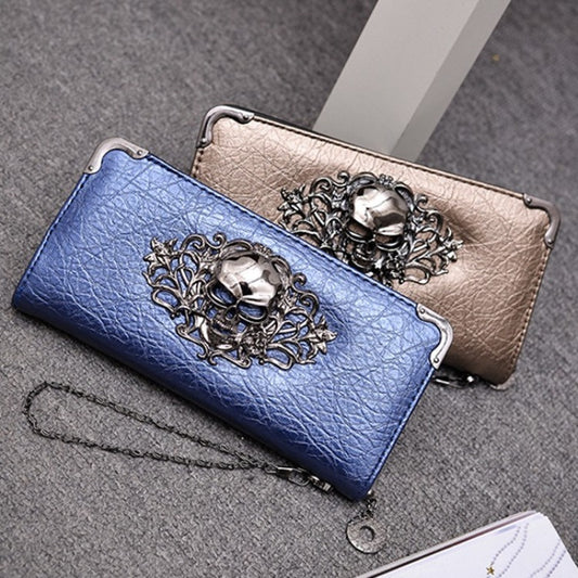 Billetera Larga para Mujer con Diseño Calavera y Flores - Cartera de Cuero PU con Cierre de Cremallera - Image 2