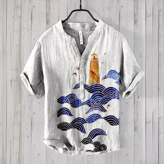 Camisa Lino Hombre Estampado Oceánico Manga Corta Suelta Casual - Image 2