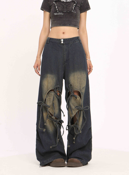 Pantalones Vaqueros Rotos con Cordones Cintura Alta Pierna Recta Mujer - Image 2