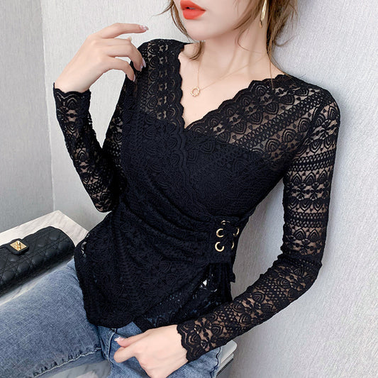Blusa de Encaje Manga Larga Escote V Sexy para Mujer - Image 2