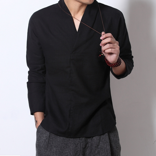 Camisa Lino Manga Larga Estilo Chino Retro para Hombre - Image 2