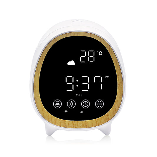 White smart WIFI aroma diffuser with a round shape, wood-grain accent, and digital display showing time and temperature. - Image 2