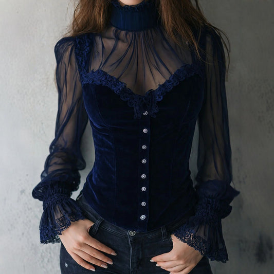 Blusa Negra de Encaje con Paneles de Malla y Detalles Florales Calados - Image 2