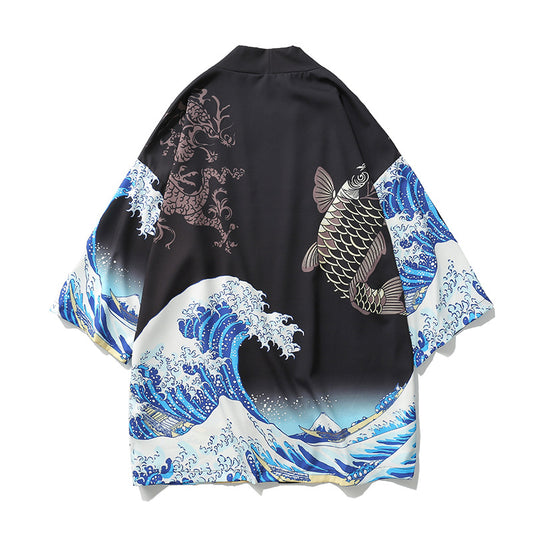 Kimono Hombre y Mujer Estampado Onda Ukiyo-e - Camisa Suelta Manga 3/4 Sección Ligera - Image 2