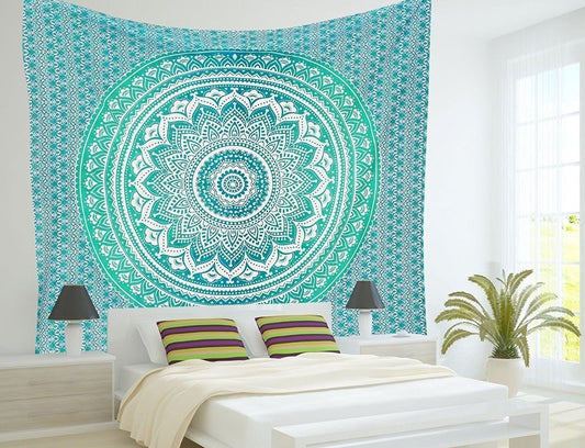 Black and white Indian Mandala tapestry wall hanging with intricate bohemian patterns, displayed in a bedroom. - Image 2