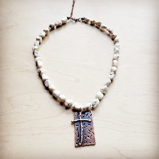 White Turquoise Collar Necklace w/ Copper Cross Pendant 259y