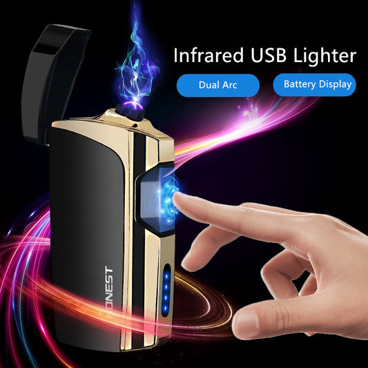 Blue and silver multi-function electric lighter with a visible green plasma arc and four blue battery indicator lights. - Image 2