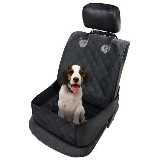 Black quilted pet car seat cover installed on a front passenger seat, protecting the upholstery. - Image 2
