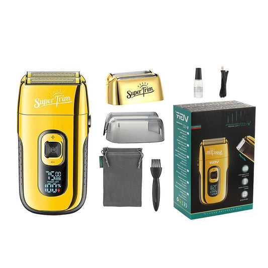 Gold digital display hair clipper and reciprocating shaver kit with extra foil head, cleaning brush, oil, and charging cable. - Image 2