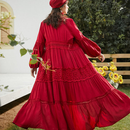 Vestido Largo de Encaje con Escote V y Cintura Alta - Image 2