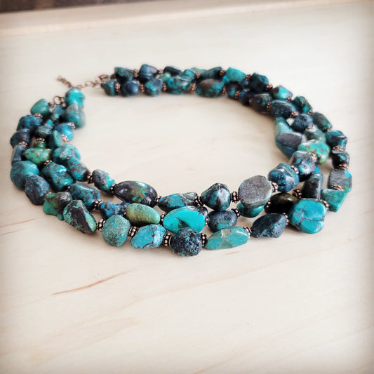 Large Triple Strand Natural Turquoise & Copper Collar Necklace 252y