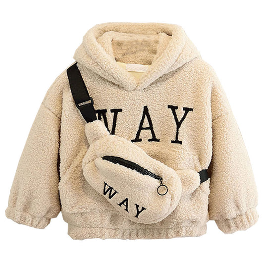 Beige fleece hoodie with 'WAY' text on front, paired with a matching fanny pack, for kids. - Image 2
