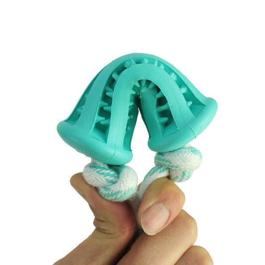 Two-tone teal and off-white dog molar toy with textured nubs and ridges, designed for chewing and dental health. - Image 2