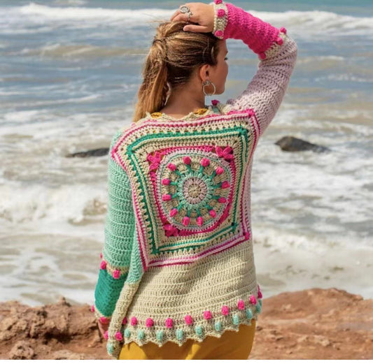 Suéter Tejido a Mano Jacquard Combinado - Manga Larga Estilo Vacacional - Image 2