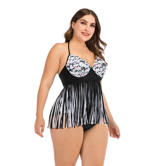 Plus size black and white two-piece swimsuit with cartoon face print, halter top, and high-waisted fringe bottoms. - Image 2