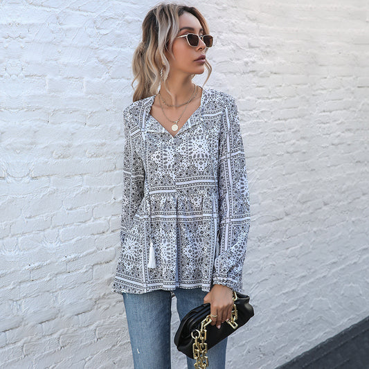Blusa Larga de Gasa con Encaje y Fleco para Mujer - Image 2
