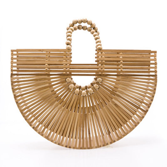 Bolsa Playera Semicircular de Rafia Tejida con Cuentas de Madera - Image 2