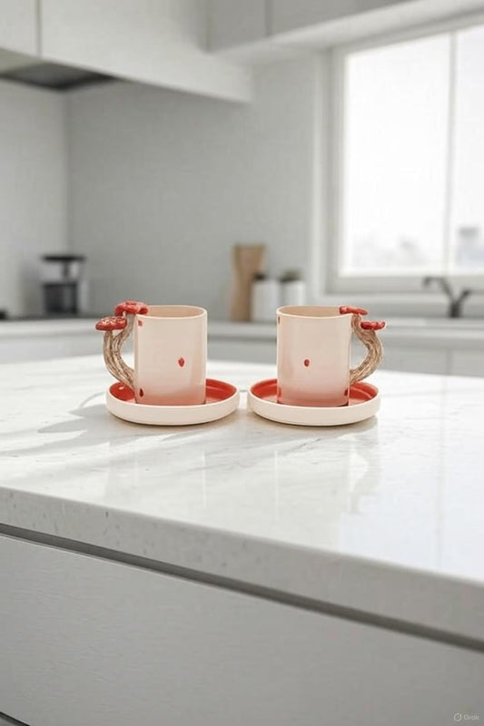 Juego de Tazas de Cerámica Artesanal con Asas de Champiñón para Desayunos Acogedores - Image 2