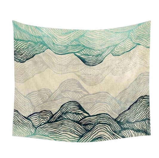 Dreamland Mountains Tapestry with abstract teal and grey wavy lines depicting a mountain landscape on a cream background. - Image 2