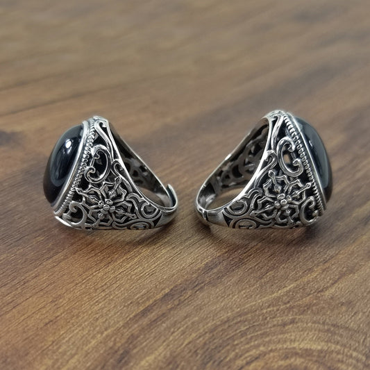 Anillo de Plata Tailandés Retro con Ágata Negra - Image 2