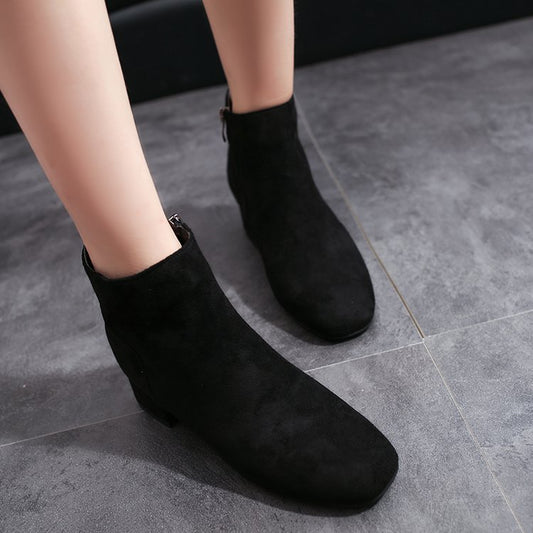 Botas Cortas Martin Estilo Coreano Tacón Grueso Gamuza para Mujer - Image 2