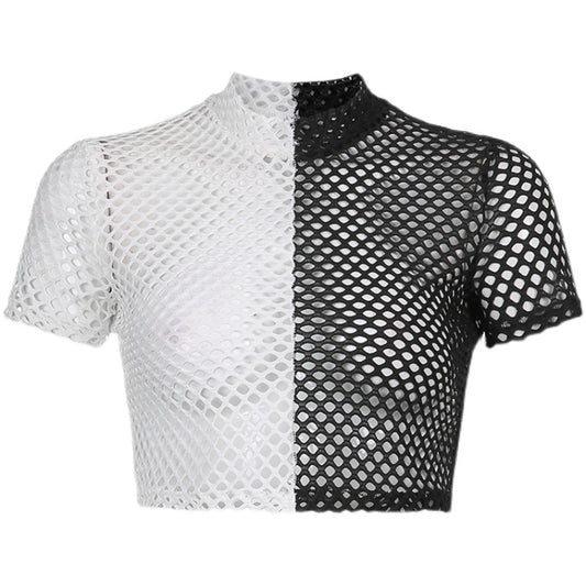 Playera de Cuello Redondo con Bloques de Color Blanco y Negro - Image 2