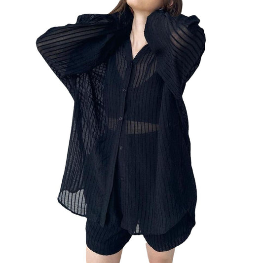 Conjunto de Dos Piezas: Blusa Texturizada Manga Larga y Shorts Casuales para Verano - Image 2