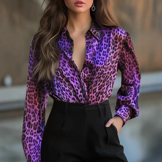 Camisa Suelta Estampado Leopardo Elástica de Satén para Primavera y Otoño - Image 2